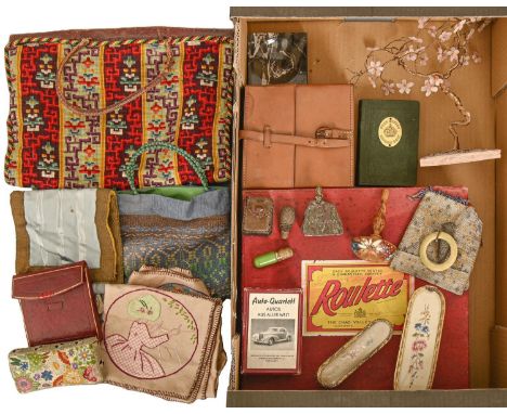 A Chad Valley roulette wheel, boxed, a set of three decanters in leather case, a Chinese hardstone jewel tree, etc  
