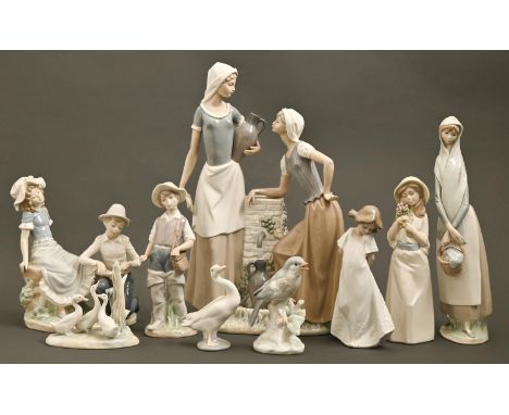 Nine Lladro and Nao figures, groups and birds, 40cm h and smaller, printed mark  Good condition