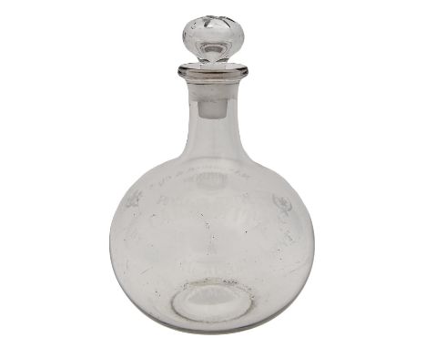 A Victorian glass onion shaped decanter and stopper, etched with crown, royal arms and MAX GREGER &amp; CO LONDON WINE FLAGON