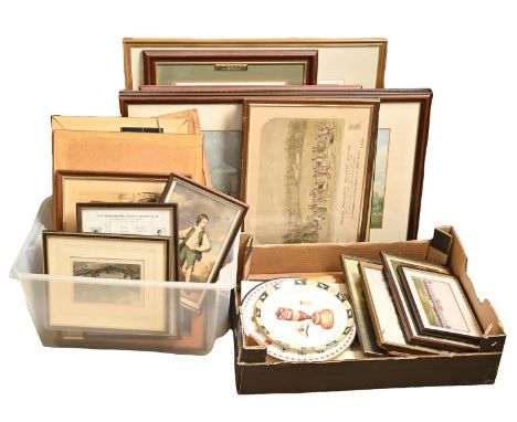 Cricket. Miscellaneous pictures and prints, including signed team sheets, cartoons and 19th c style prints, Coalport commemor