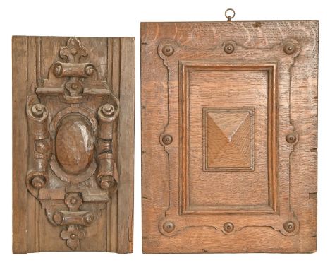 A 17th/18th c oak architectural wainscot panel,&nbsp;fielded with a geometric design, 41 x 31cm, another, similar, (2)  Some 