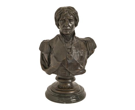 A bronzed resin portrait bust of Vice Admiral Horatio Nelson, 1st Viscount Nelson, 20th / 21st c, inscribed "FREDERICKS", mar