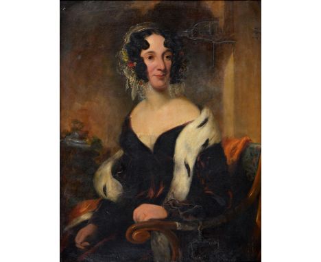 British School, 19th c - Portrait of a Lady, seated three quarter length in a red dress and ermine stole, oil on canvas, 90 x