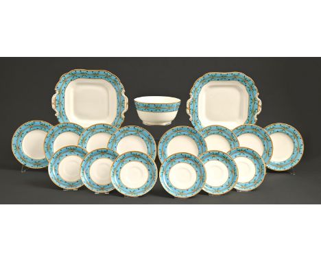 A Minton aesthetic bone china part tea service, the design attributed to Dr Christopher Dresser, with bamboo and turquoise bo
