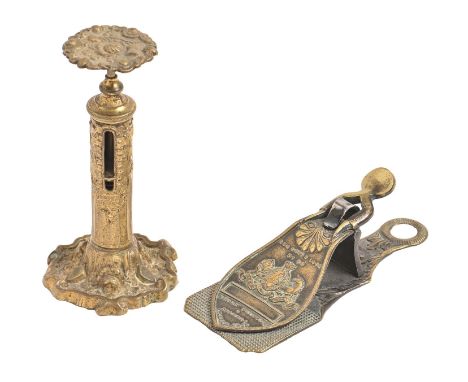 A Victorian stamped brass candlestick type letter scale, R W Winfield, Birmingham, 12cm h and a Victorian stamped brass lette