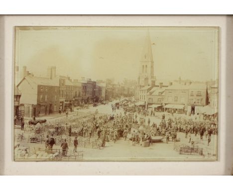 Photography. A 19th c glass negative of a town's cattle market,&nbsp;10 x 15cm, a 19th/20th c sepia photographic print of the
