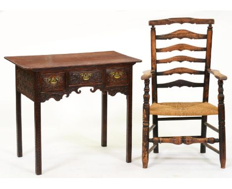A George III oak low boy, carved at later date, 74cm h; 51 x 85cm and a 19th c ash ladder back elbow chair (2)  Good conditio