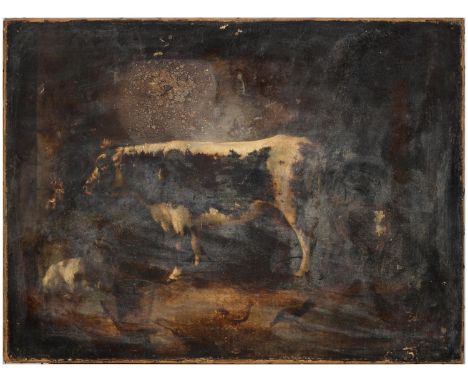 British Journeyman Artist, mid-19th c - Portrait of a Cow in a Barn,&nbsp;flanked by a goat, chicken in the foreground, oil o