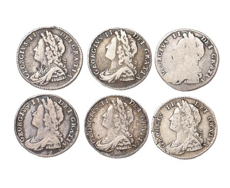 George II, Sixpences, 1731 R&amp;P, 1732 R&amp;P, 1734 R&amp;P, 1735 R&amp;P, 1736 R&amp;P, 1739 roses, vg-gF (6)  