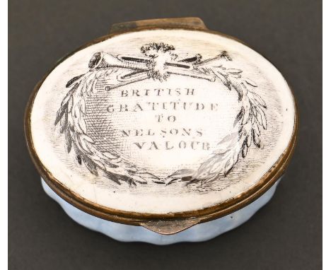 A South Staffordshire enamel patch box, early 19th c, the lid transfer printed in black with trophy inscribed BRITISH GRATITU