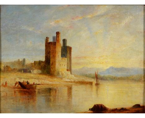 Attributed to James Baker Pyne 1800-1870) River Scene at Sunrise,&nbsp;with indistinct signature lower right, oil on board, 2