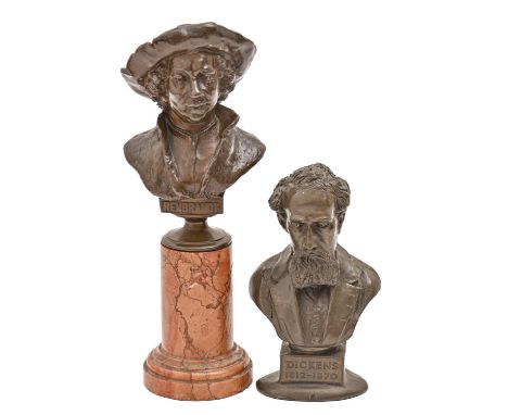 A miniature bronzed portrait bust of Rembrandt, early 20th c, on turned marble pedestal, 20cm h and a miniature resin portrai