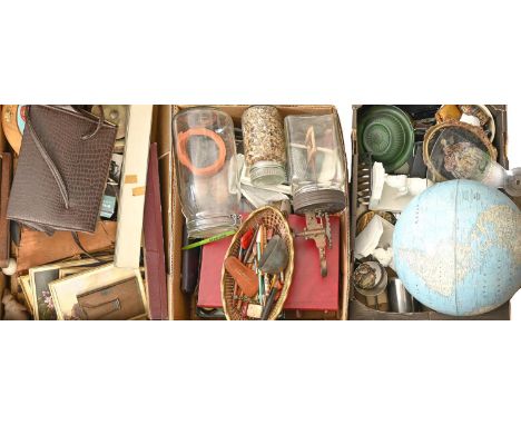 Miscellaneous items, including a terrestrial globe, a pair of elephant bookends, handbag and fans, etc  