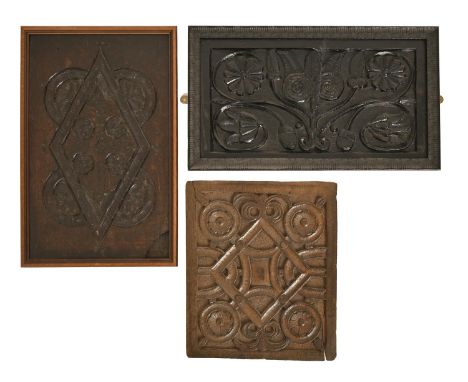 A Jacobean oak architectural panel, 17th c,&nbsp;carved in relief with an alternating geometric design of lozenges, rose boss