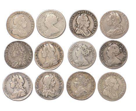 Shillings, Charles II, 1668 Fine; Queen Anne 1703 VIGO vg+, 1708 plumes aF-F, 1711 VF; George I 1723SSC aF, another Fine, ano