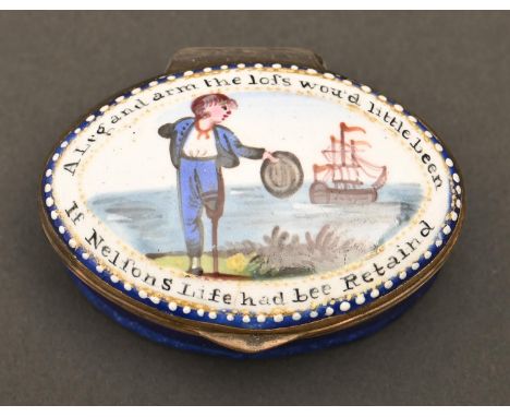 A South Staffordshire enamel patch box, early 19th c, painted with a mournful midshipman circumscribed A Leg and Arm the Loss