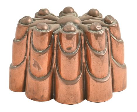 An English copper jelly mould, c1900, 17cm l, stamped 50  Minor dents and polish residue, pin hole evident when held up to li
