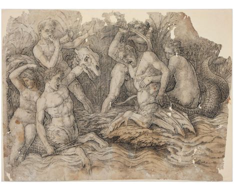 Daniel Hopfer (c.1470-1536) after Andrea Mantegna - Two Tritons Fighting from the Battle of the Sea Gods, woodcut, losses, la