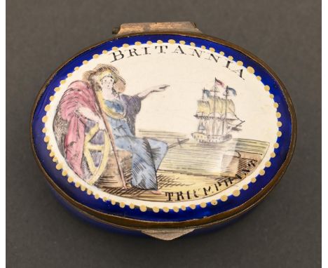 A South Staffordshire enamel patch box, c1800, the lid transfer printed and painted in polychrome with BRITANNIA TRIUMPHANT, 
