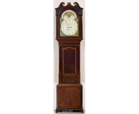 A Victorian mahogany and crossbanded eight day longcase clock, James Dawes Whitehaven, the 14.5" breakarched and painted dial