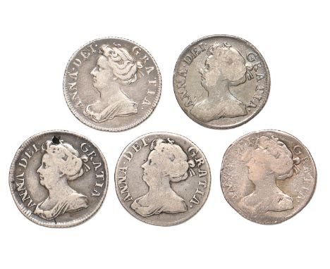 Queen Anne, Sixpences, 1707 R&amp;P gF-aVF; 1708 plumes vg-F; 1710 poor; 1711(2) (5)  
