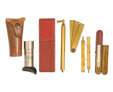 A portable lacquered brass telescopic face screen, mid 19th c, in scarlet morocco covered case, a 19th c pocket thermometer, 