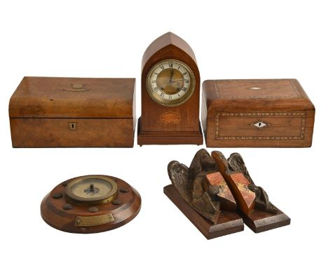 An Edwardian mahogany and inlaid lancet arched clock, 28cm h, modern replacement battery movement, a laminated wood framed an
