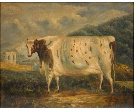 A. Laurens, British Journeyman Artist, 19th c - Portrait of a Short-Horned Cow,&nbsp;a ruined medieval abbey in the backgroun