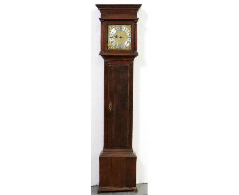 An English oak thirty-hour longcase clock, Ed[ward] Owns Wimeswould [sic], early 18th c, the 10" brass dial with matted centr