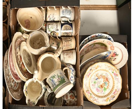 Two boxes of 19th c transfer-printed earthenware,&nbsp;occasional bone china, comprising jugs, children's and other mugs and 