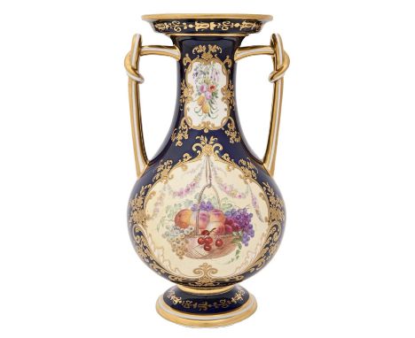 A Ridgway, Bates &amp; Co vase, c1856-58, painted by Simpson with a basket overflowing with fruit suspended from festoons, a 