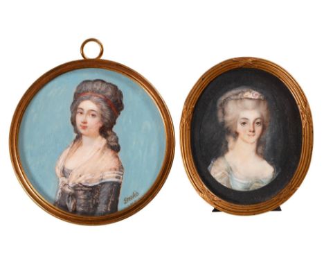 Two French portrait miniatures of ladies in 18th c dress, late 19th c, ivory, 67mm diam or oval 60mm, giltmetal frames  Pleas