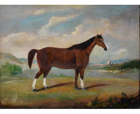 Underwood,&nbsp;British Journeyman Artist, mid-19th c - Portrait of a Horse, "Corkie", a flock of sheep, a village and its ch