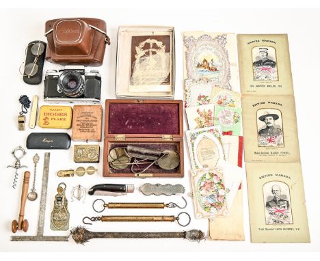 A Victorian mahogany instrument case, containing a pair of steel beam scales with brass pans, case 19cm l, a fabric covered l