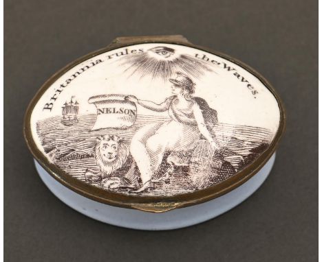 A South Staffordshire enamel patch box, early 19th c, the lid transfer printed in sepia with the apotheosis of Nelson, the ba