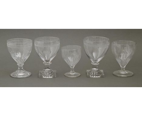 Three and a pair of Regency glass rummers, the pair on moulded 'lemon squeezer' foot, 14cm h  Good condition, the square foot