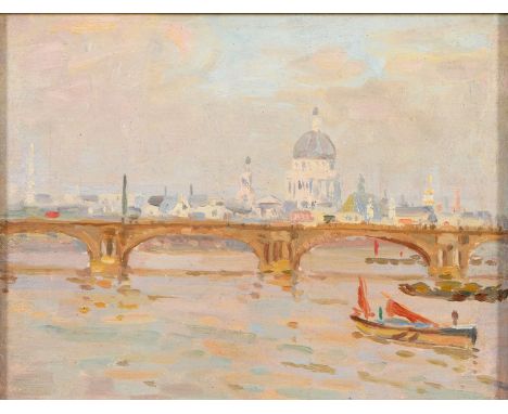 Attributed Arthur Haythorne Studd (1863-1919) - St Paul's Cathedral from the River Thames, oil on C Roberson &amp; Co Ltd pre