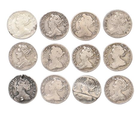 Queen Anne, Sixpences, 1705 plumes ex-mount, 1705 R&amp;P Fine; 1705 plain good; 1707 plumes holed; 1707 plain; 1708 plain ho