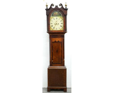 A Victorian oak, mahogany and inlaid eight day longcase clock, with breakarched and painted dial, the hood having swan neck p