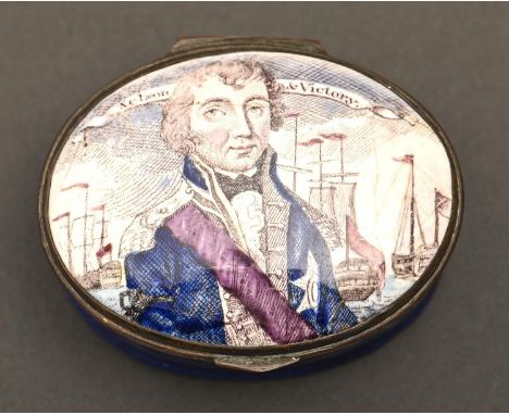 A South Staffordshire enamel patch box, c1800, transfer printed in sepia and painted in polychrome with Nelson &amp; Victory,