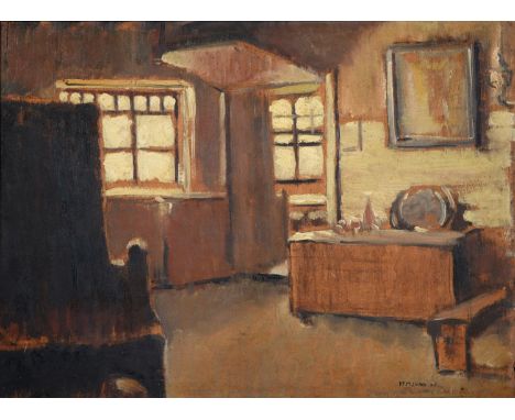 Patrick Ferguson Millard (1902 - 1977) - Interior of a Cottage,&nbsp;signed and dated 25, indistinctly inscribed, oil on boar