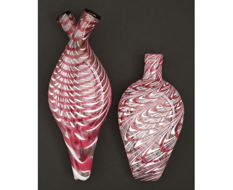 Two Victorian white and pink 'Nailsea' glass flasks, including a gimmel flask, 20 and 27cm h  Both in good condition