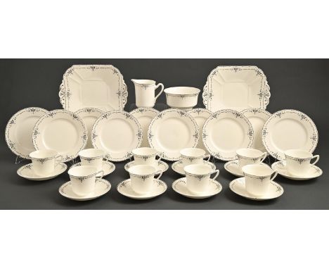 A Shelley bone china black and white tea service, 1925,&nbsp;Doric shape, square plates 24cm over handles, printed mark, patt