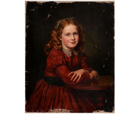 Victorian School - Portrait of a Girl in a Red Dress, seated three quarter length at a table, oil on canvas, 71 x 57cm, unfra