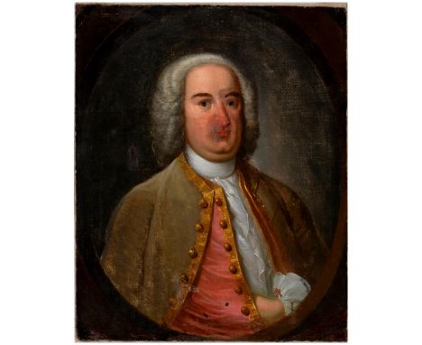 English School, 18th c - Portrait of a Gentleman, bust length in a grey coat and pink waistcoat with gold braid, feigned oval