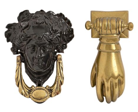 A Victorian brass lady's hand door knocker and a Victorian brass and cast iron mask door knocker, 17cm h  Both genuine exampl