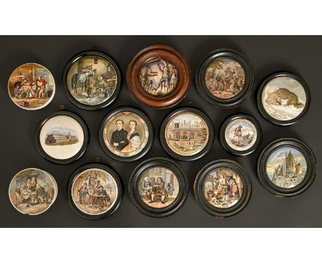 Thirteen F &amp; R Pratt colour printed pot lids, c1860, all but one medium, subjects including exhibition and a reproduction