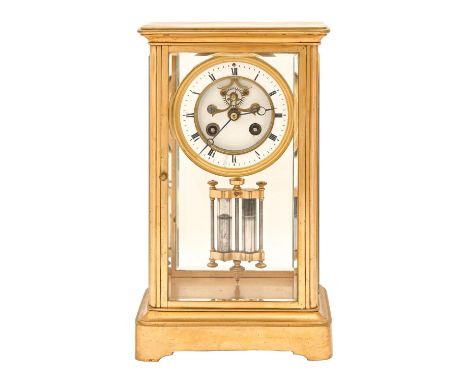 A French gilt brass four glass mantle clock, late 19th c, with enamel dial, Breguet hands and brocot escapement, mercury comp