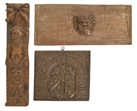 A Jacobean oak architectural fragment, first-half 17th c,&nbsp;carved in relief with acanthus and lyre below an arch, later 1