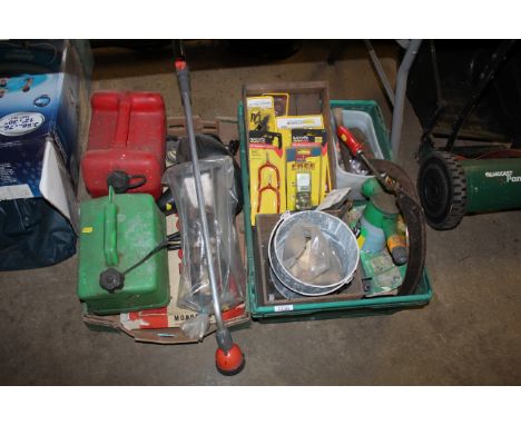 A bicycle seat; a Sky digi box; two plastic fuel cans; garden spray attachments; various hand tools etc.